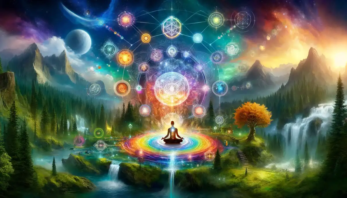 A vibrant, mystical panorama representing the concept of Human Design, integrating nature elements and featuring a Rave Chart, with the specific Rave
