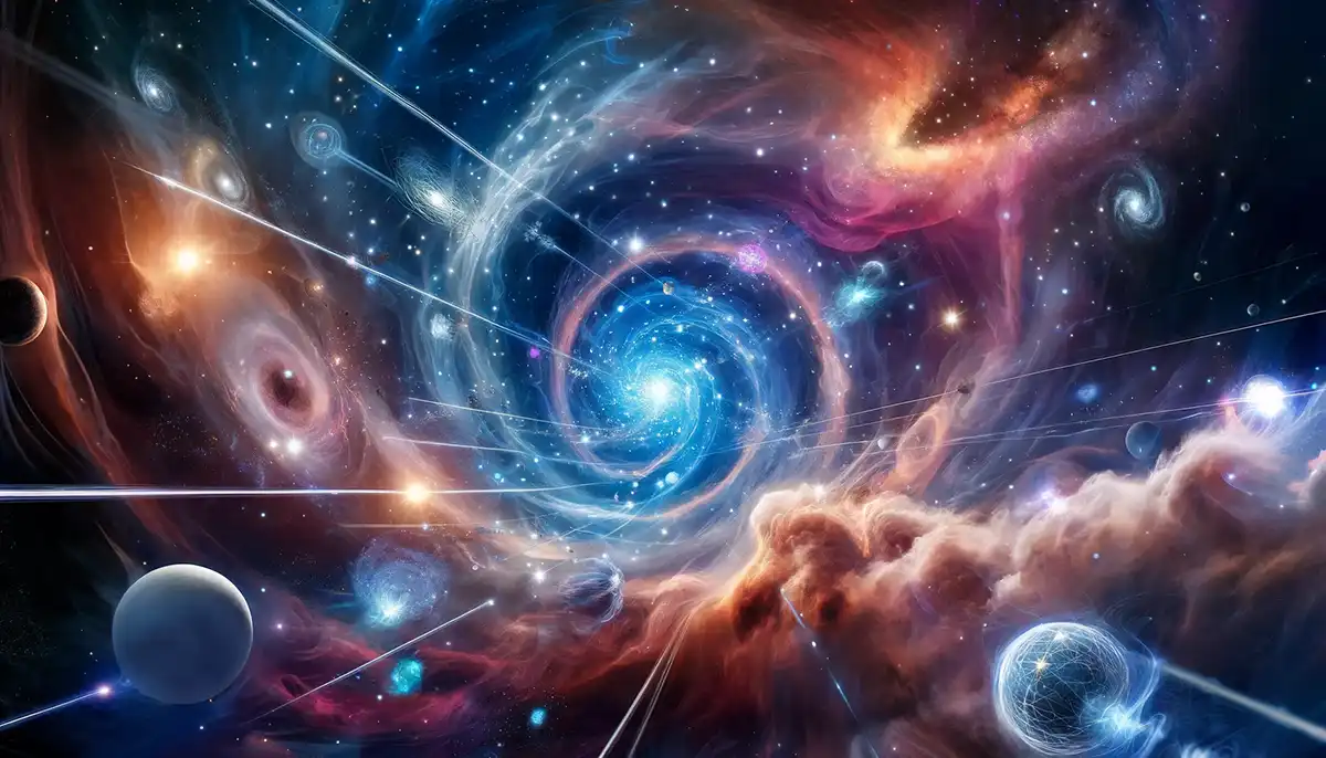 Show neutrinos traveling through space and time. Depict them as streams or particles moving through a cosmic landscape filled with stars, galaxies, an