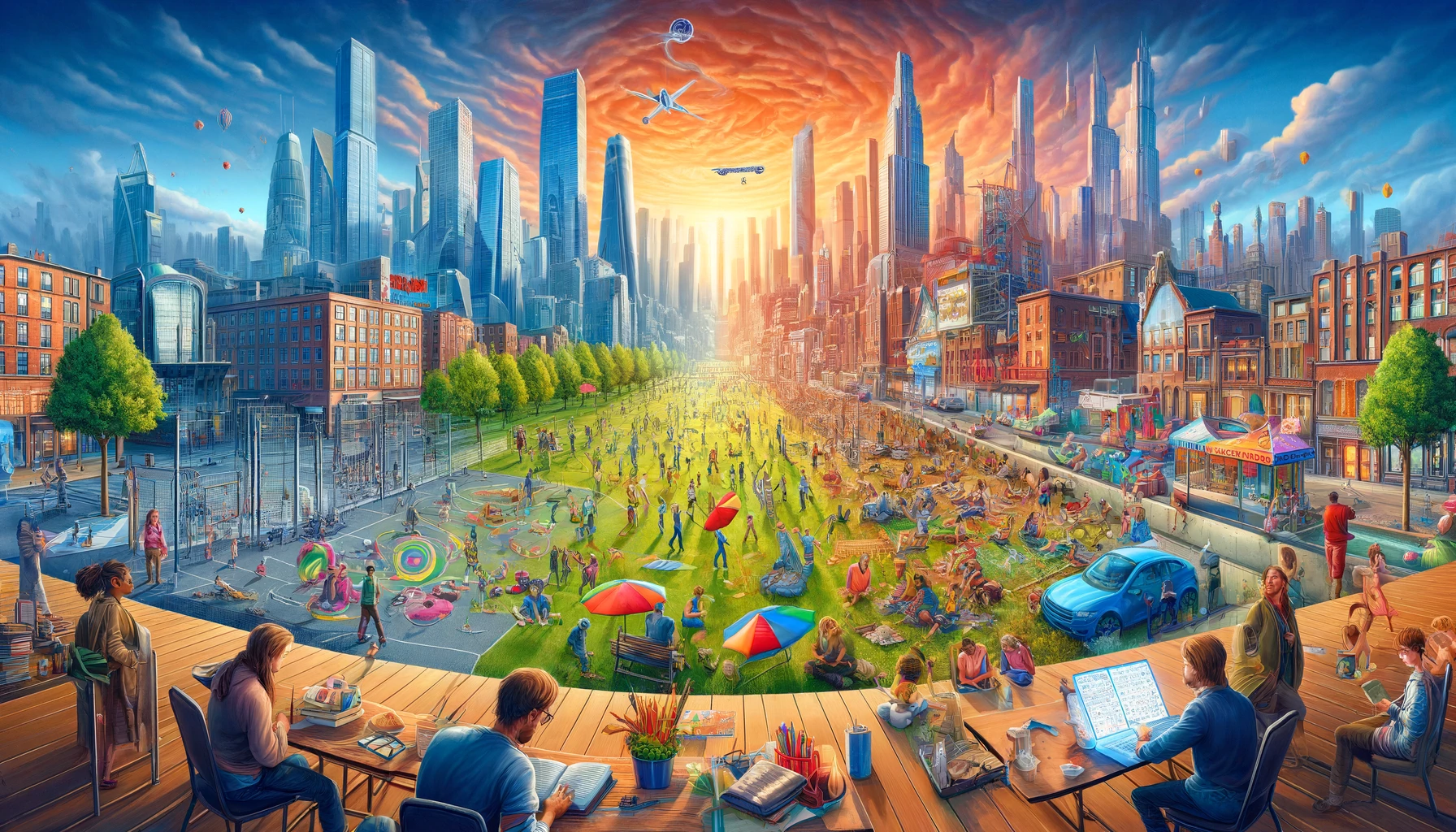 A wide panoramic image capturing the essence of 'Het Dopamine Effect'. The scene features a vibrant and colorful depiction of a city park in the foreg