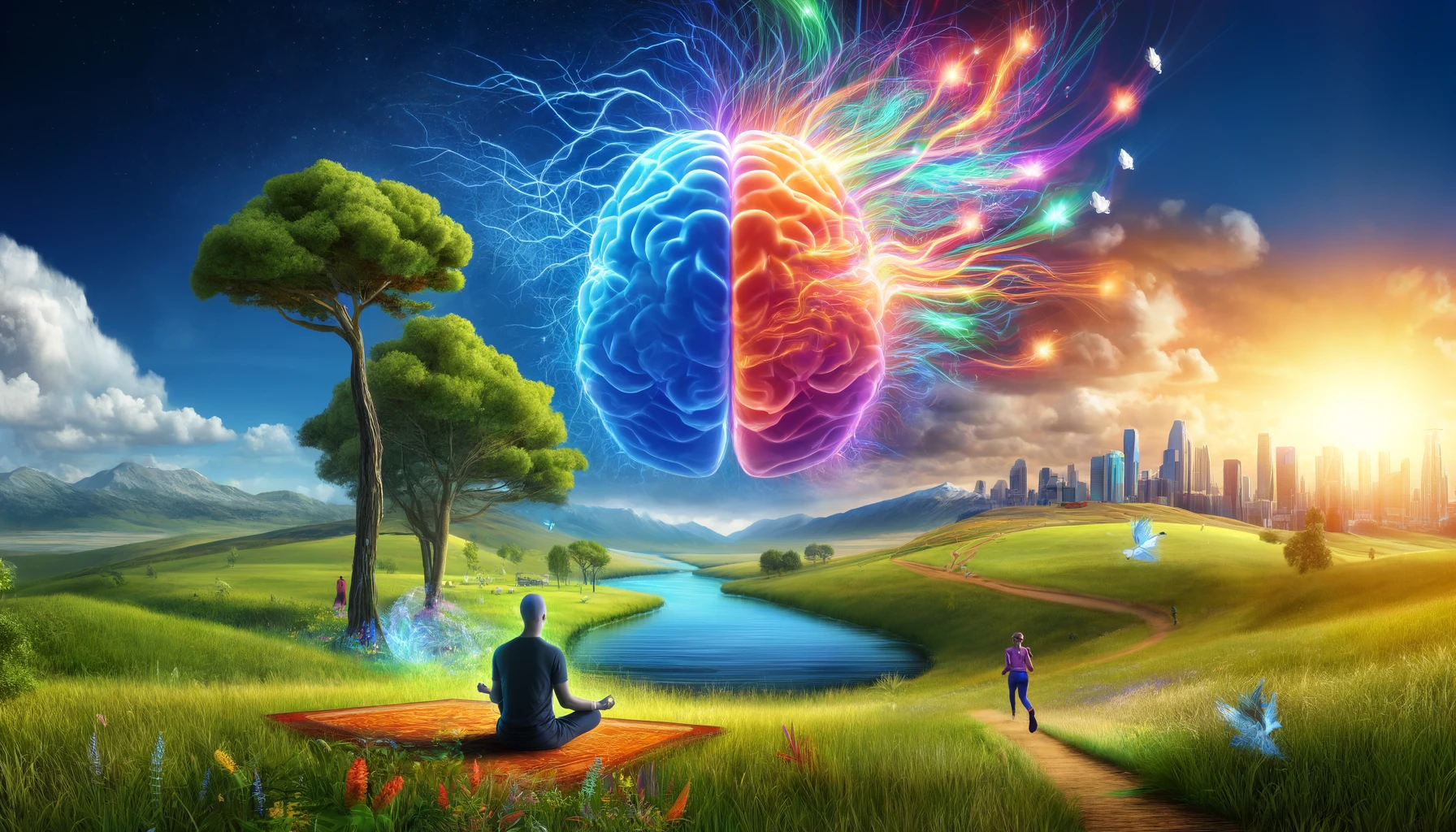 A wide panoramic image capturing the essence of 'Het Dopamine Effect'. The scene includes a dynamic and colorful representation of a person's brain wi